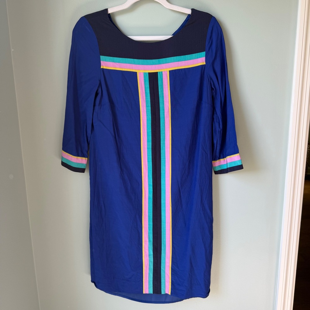 Boden Montrose Colorblock Striped Shift Dress Blue Pink 3/4 Sleeve Size 6 Long